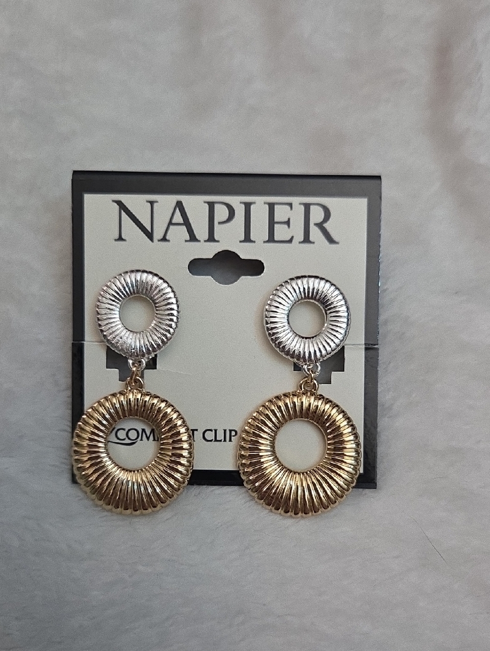 Napier Silver and Gold Ribbed Double-Drop Clip-On Earrings